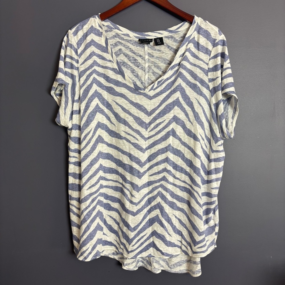 Tahari 100% Linen Lightweight Blue Zebra Stripe V-Neck Tee Top Plus Size 1X